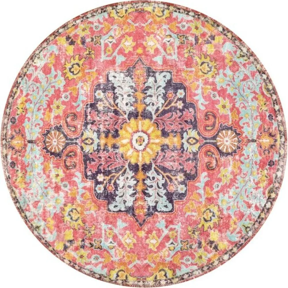 New 4Ft Hot Pink Round Rug, Floral Washable Carpet for Any Indoor Space